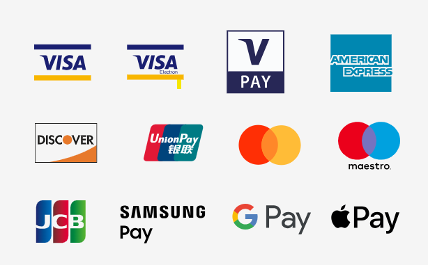 Digitale Zahlungsmöglichkeiten:Sie können jede Kredit- und Debitkarte mit dem Logo von Visa, V PAY, Mastercard, Maestro, American Express, Discover, Diners Club und Union Pay sowie NFC-Zahlungen über Google und Apple Pay akzeptieren.